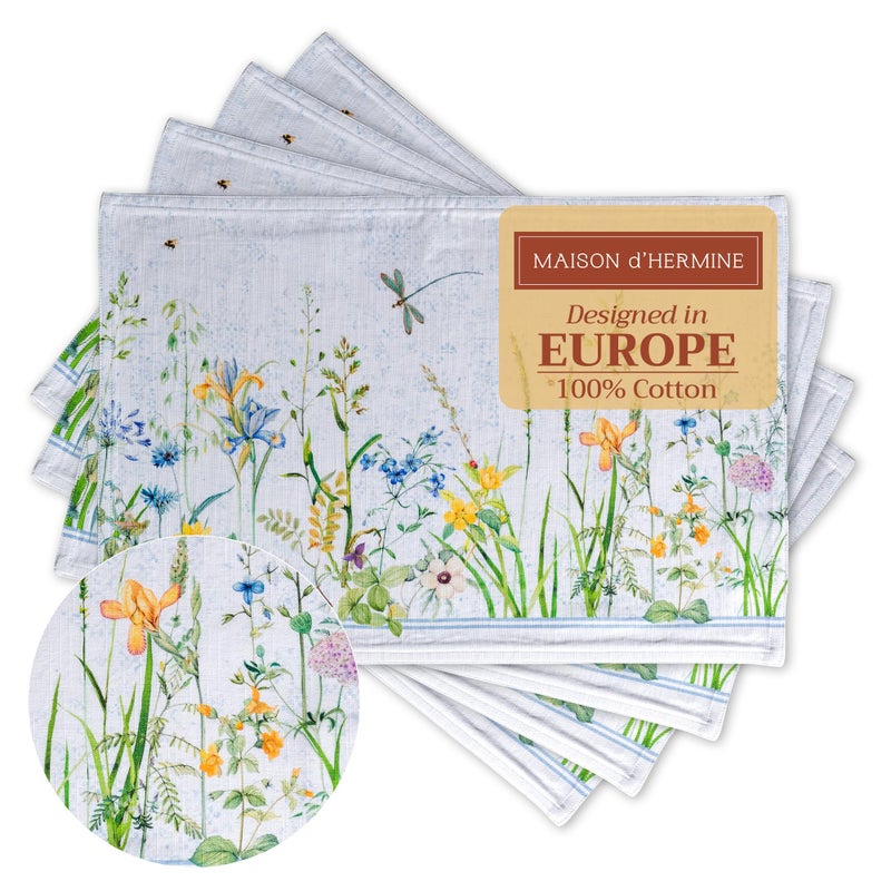 Maison d' Hermine Placemats Set of 4 100% Cotton Washable Cloth Place Mats, Reusable Table Mats for Kitchen Dining Decoration, Party, Wedding, Restaurant Spring/Summer (Fleurs De Mai, 13" x 19") - Image 1